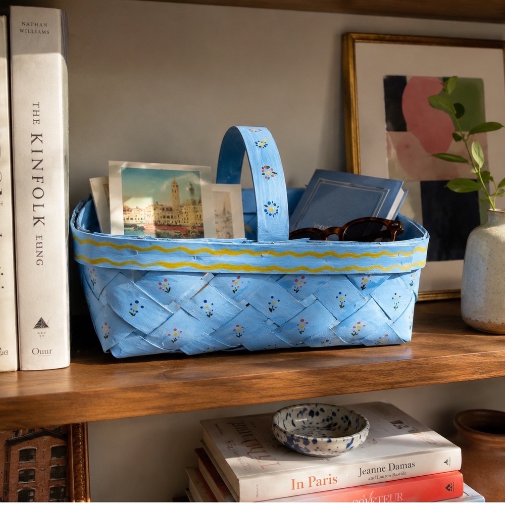 Vintage Blue Hand‎ Painted Basket Cottagecore Storage Easter Gathering Basket